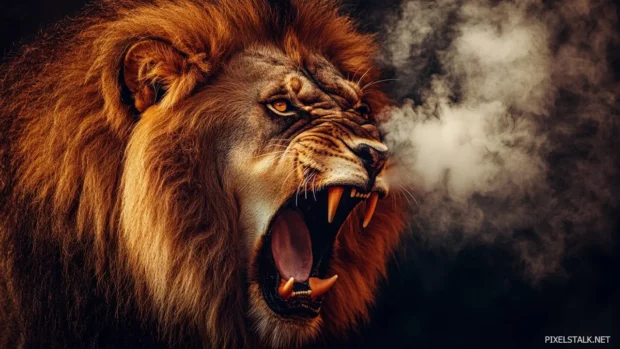 Close up of a roaring lion, amber eyes blazing with rage, steam in cold night air.