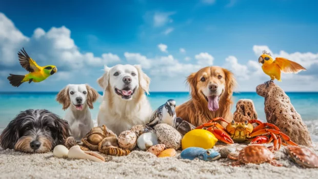 Collage of animals with dogs, birds, fish, and crabs wallpaper.