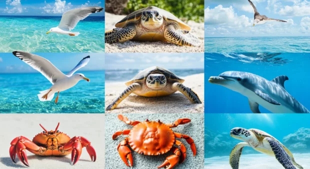 Collage of beach animals aesthetic wallpaper.