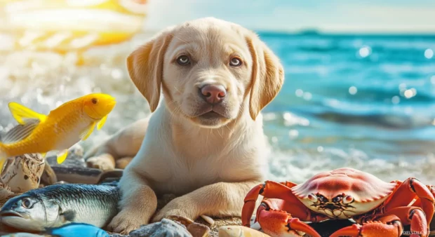 Collage of beach animals with dogs, birds, fish, and crabs .