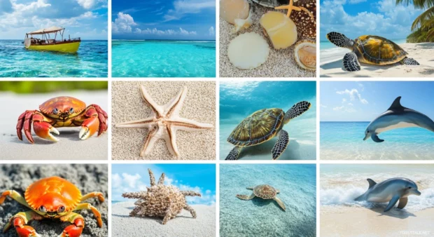 Collage of beach animals with seagulls, crabs, dolphins, and sea turtles.