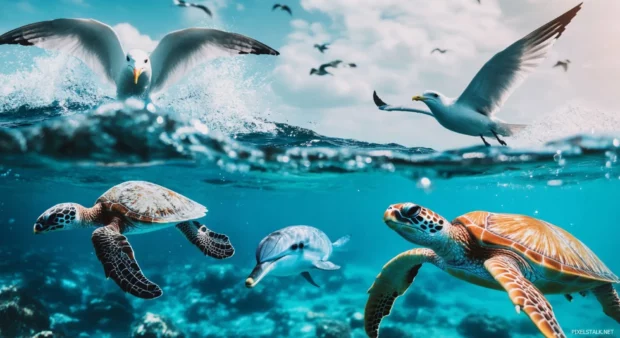 Collage of beach animals with seagulls, crabs, dolphins, and sea turtles for desktop top.