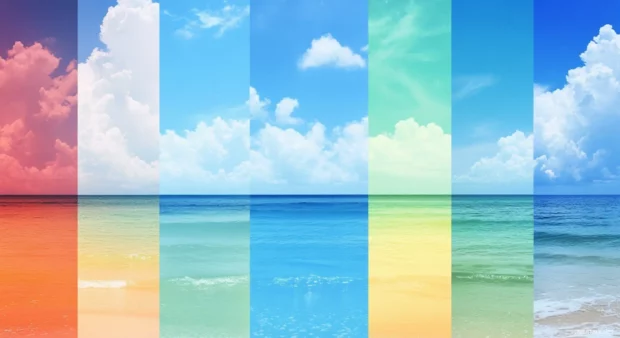 Collage of beach colors with blue, green, yellow, orange, and red.