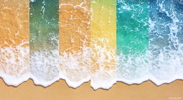 Collage of beach colors with blue, green, yellow, orange, and red desktop wallpaper.