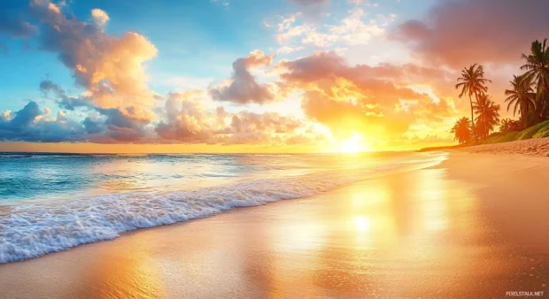 Collage of beach colors with blue ocean, white sand, green palm trees, orange sunset, and pink clouds .