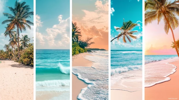 Collage of beach colors with blue, white, green, orange, and pink beachy wallpaper.