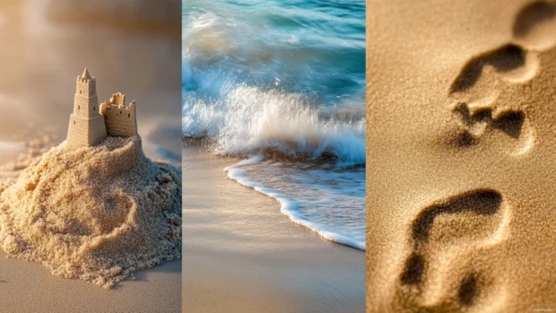 Collage of beach details with close ups of sandcastles, footprints in the sand, and waves crashing.