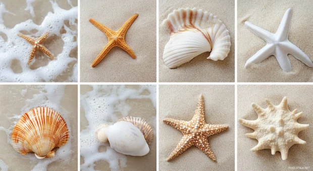 Collage of beach details with seashells, starfish, sand, waves, palm fronds for PC.