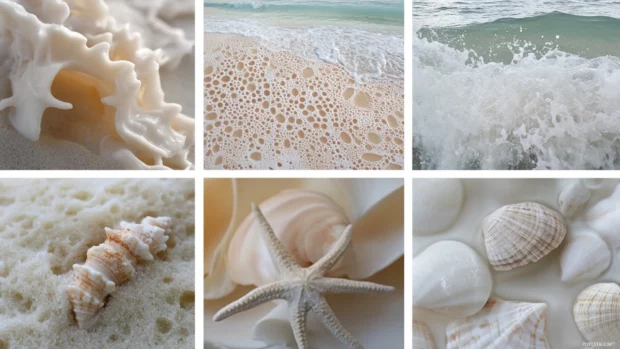 Collage of beach details with seashells, starfish, sand, waves, palm fronds giving beachy vibe.