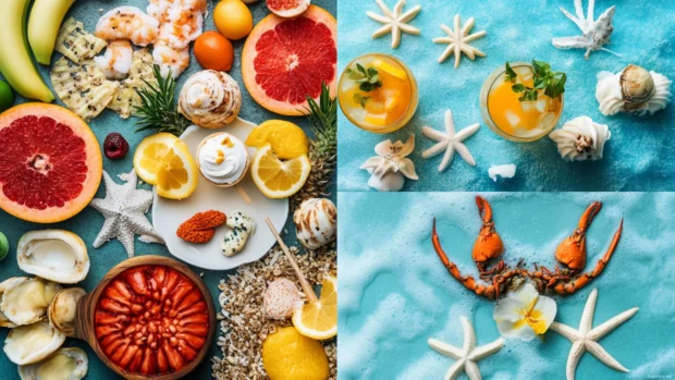 Collage of beach food aesthetic vibe.