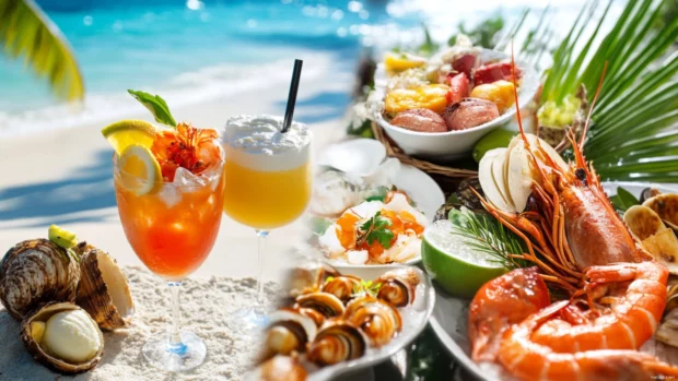 Collage of beach food with ice cream, cocktails, seafood, and tropical fruits .