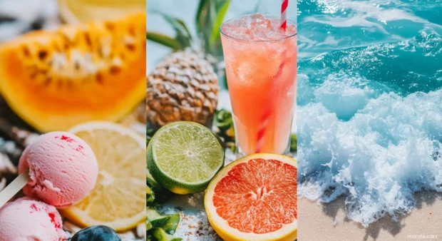 Collage of beach food with ice cream, cocktails, seafood, and tropical fruits.