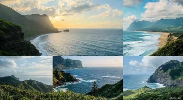 Collage of beach landscapes with mountains, cliffs, forests, and deserts.