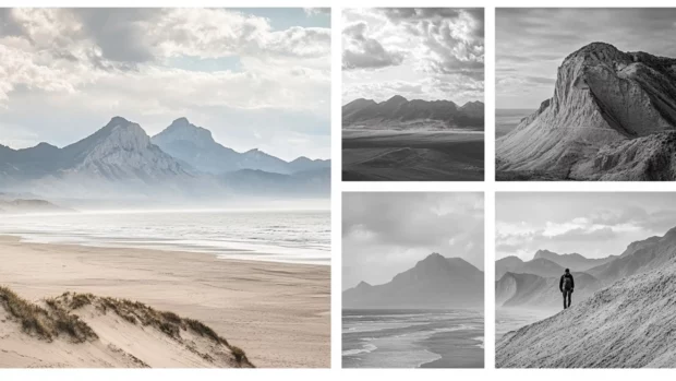 Collage of beach landscapes with mountains cliffs forests and deserts.