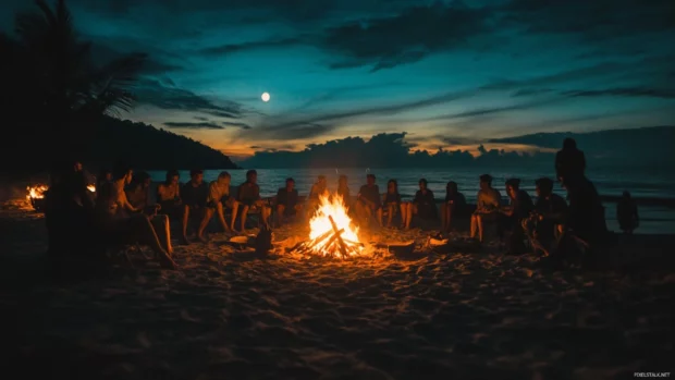 Collage of beach nights with bonfires, stars, the moon, and silhouettes .