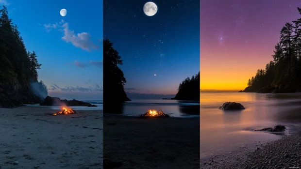 Collage of beach nights with bonfires, stars, the moon, and silhouettes.