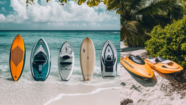 Collage of beach sports equipment .