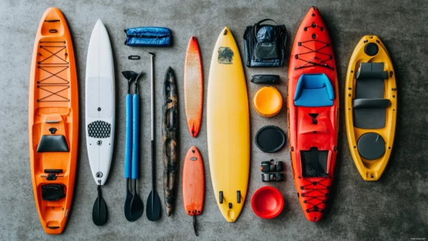 Collage of beach sports equipment with surfboards, paddleboards, kayaks, and jet skis (2).