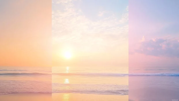 Collage of beach sunrises with early morning light and pastel colors.