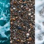 Collage of beach textures with sand, water, waves, foam, and rocks, showcasing natural patterns and textures (2).