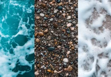 Collage of beach textures with sand, water, waves, foam, and rocks, showcasing natural patterns and textures (2).