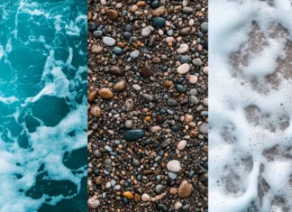 Collage of beach textures with sand, water, waves, foam, and rocks, showcasing natural patterns and textures (2).