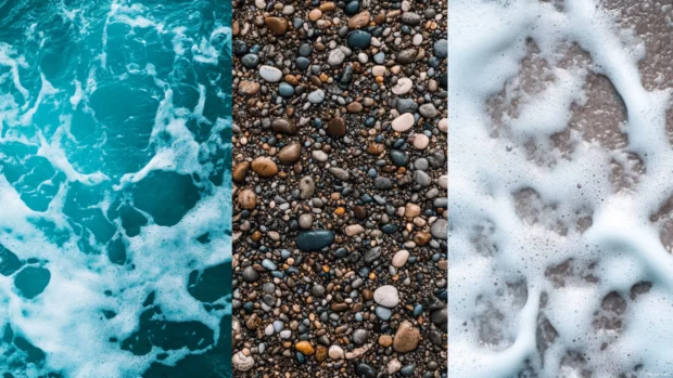 Collage of beach textures with sand, water, waves, foam, and rocks, showcasing natural patterns and textures (2).