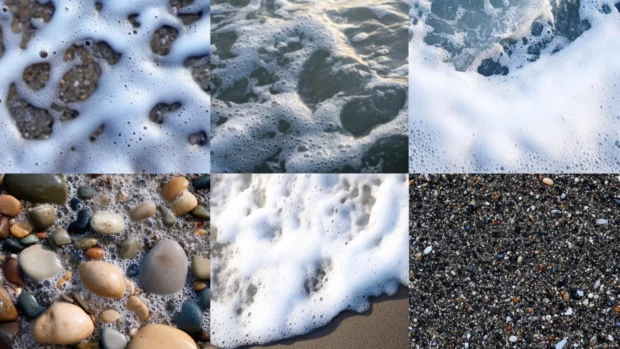 Collage of beach textures with sand, water, waves, foam, and rocks, showcasing natural patterns and textures (3).