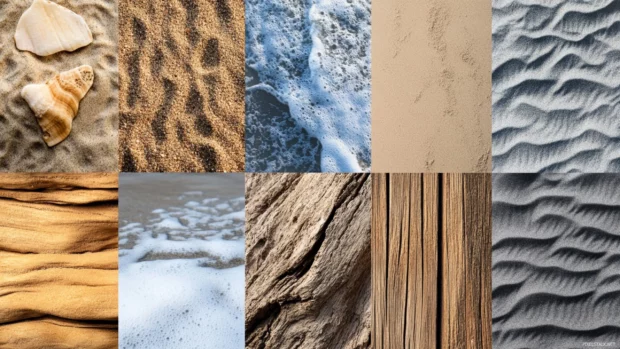 Collage of beach textures with sand, water, wood, and rocks.