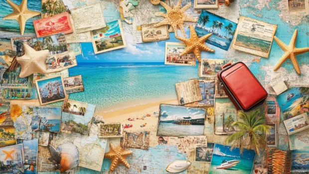 Collage of beach travel with postcards, maps, souvenirs, luggage, and tickets .