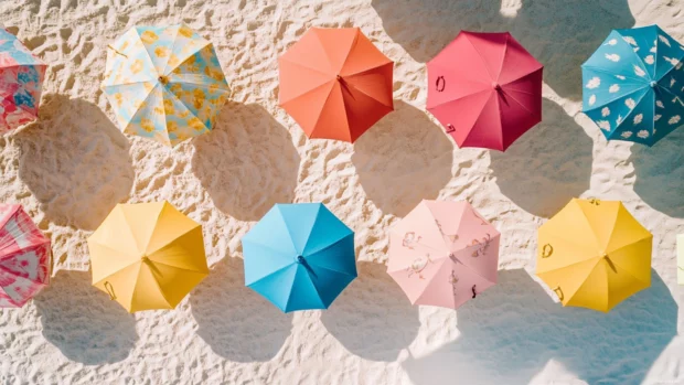 Collage of beach umbrellas with colorful pattern.