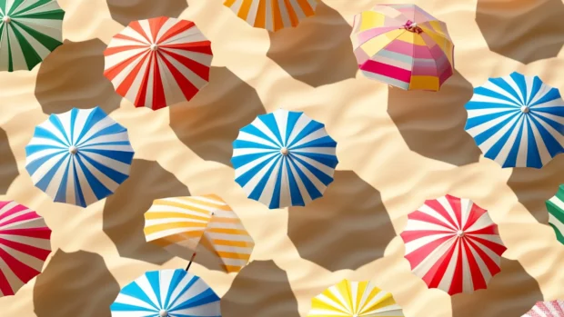 Collage of beach umbrellas with colorful patterns and different sizes wallpaper.