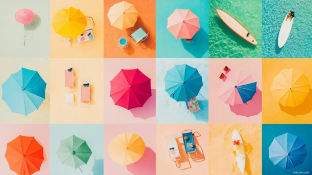 Collage of beach vibes with colorful umbrellas, beach chairs, surfboards, cocktails, and sunglasses (2).