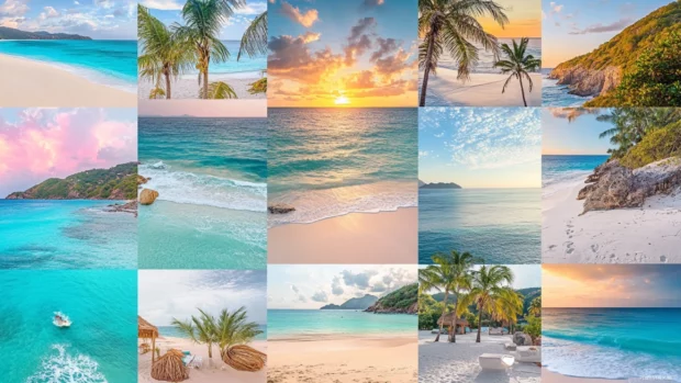 Collage of tropical beach scenes with turquoise water, white sand, palm trees, and a vibrant sunset .