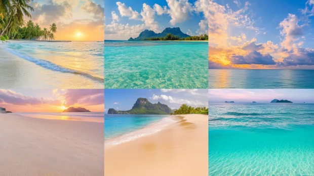 Collage of tropical beach scenes with turquoise water, white sand, palm trees, and a vibrant sunset (2).