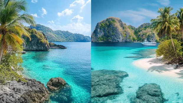 Collage of tropical islands with palm trees, turquoise water, and white sand beaches .