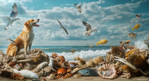 Collage wallpaper of animals with dogs, birds, fish, and crabs.