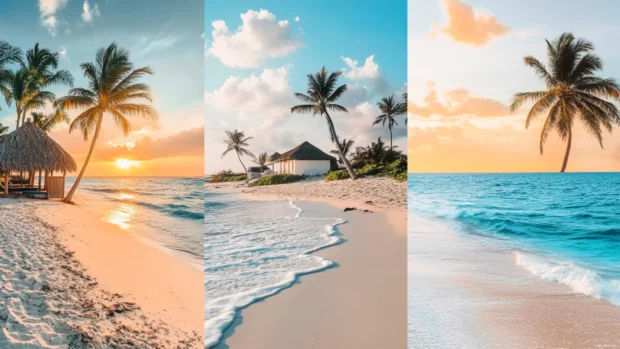 Collage wallpaper of beach sunsets with different locations, colors, and moods.