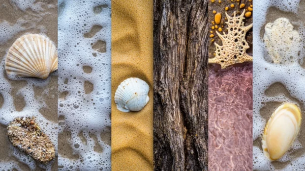 Collage wallpaper of beach textures with sand, water, wood, and rocks for desktop wallpaper.