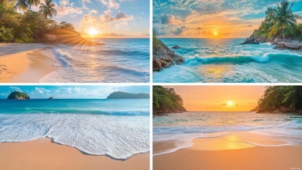 Collage wallpaper of tropical beach scenes with turquoise water, white sand, palm trees, and a vibrant sunset (4).