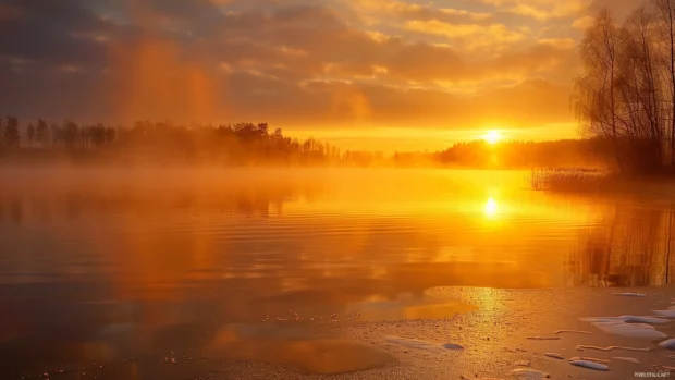 Cool color sunrise over a mist covered lake with reflections.