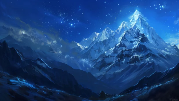 Cool indigo mountain landscape with snow capped peaks under a starry sky.