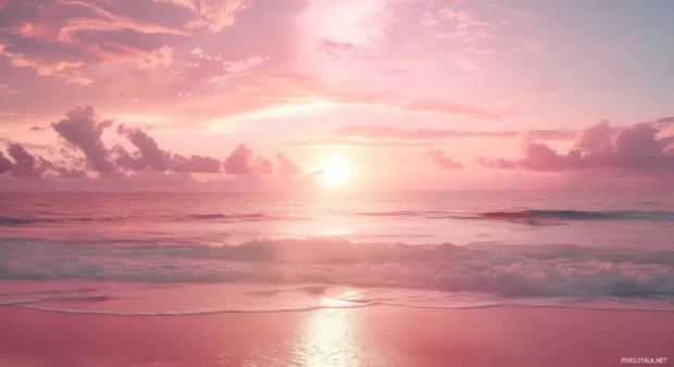 Cool pink sunset casting a warm glow over a tranquil beach scene.