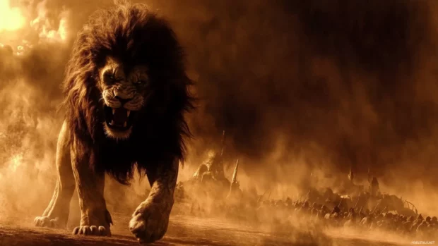 Dark maned lion growls, on a battlefield, dust swirls, fallen foes in view.