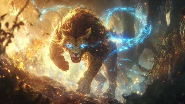 Fierce anime lion, glowing blue eyes, swirling magical energy around, in a mystical forest.