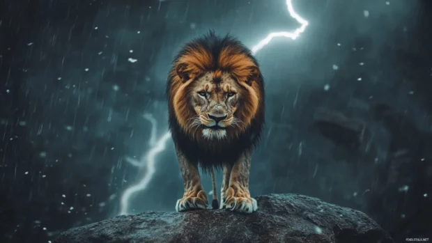 Lion atop rock, lightning hits, face twisted in snarl, intense and dramatic.