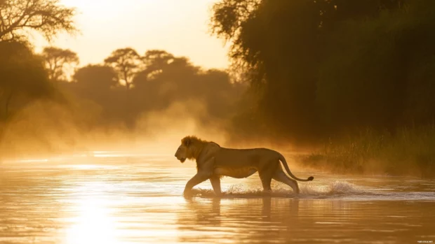 Lion crosses shallow river at dawn, mist rises from water, sunlight in golden hues.