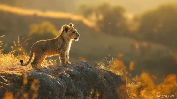 Lion cub by cliff, wind ruffling fur, eyes on a future as great king.