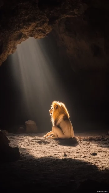 Lion emerges from dense jungle, golden fur against deep green foliage, mysterious light behind.