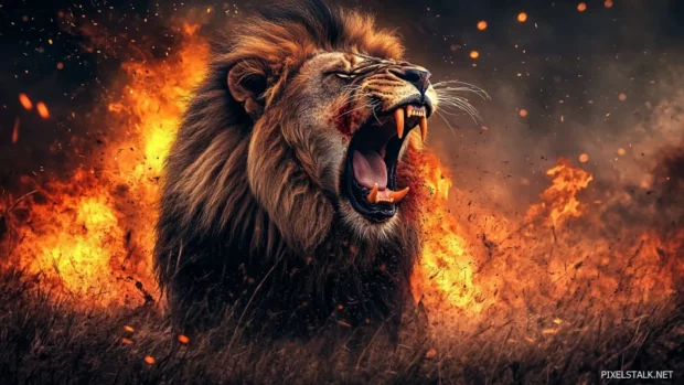 Lion, scarred and bloodied, bellows fiercely in a blazing savanna, fire and smoke rising nearby.